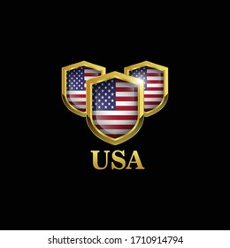 three golden shield with USA flags.USA protected shields.Conceptual vector illustration in flat style design.Isolated on background.