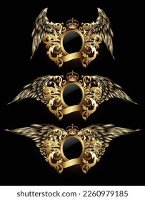 Three golden shields with wings on a black background in retro style. Highly realistic illustration.