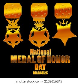 Three Golden Silhouette Medals From Army, Navy, Air Force And Golden Bold Texts Isolated On Black Background, National Medal Of Honor Day March 25