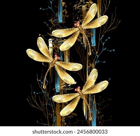 Three golden, sparkling, artistically painted dragonflies fly on picturesque black background painted over with gold and turquoise paint. Golden dragonfly.