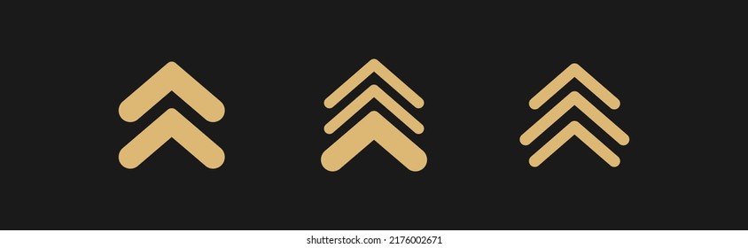 three golden squared arrows up icon. swipe up buttons set isolated on black. Upload icon.  Upgrade, speed up sign. North pointing arrow.