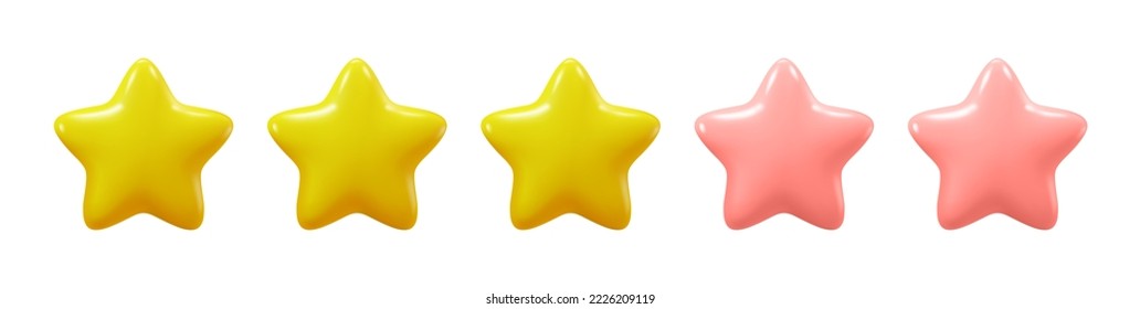 Three golden stars review or ranking from five star, isolated grade of services or product from client. Feedback or evaluation mark. Vector in three dimensional 3d style