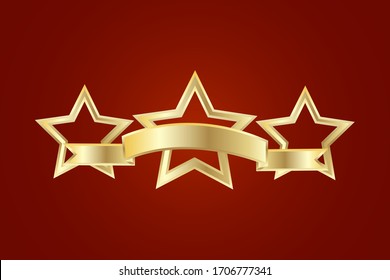 Three golden stars with a ribbon on a burgundy background. Vector illustration. Stock drawing.