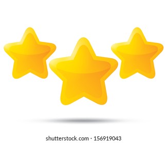 Three golden stars. Star icons on white background. Five-pointed shiny star for rating. Rounded corners. Eps 10.