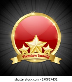 Three golden stars symbol with Premium quality ribbon and glossy plaque in the background