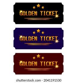 Three golden ticket templates on white background, vector illustration