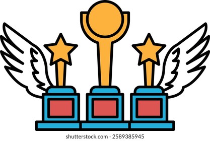Three golden trophies with wings on top and stars below. Concept of achievement and success