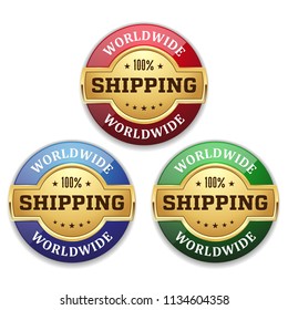 Three golden worldwide shipping badges on white background