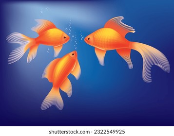 Three Goldfishes meet together, mesh creative art isolated on underwater background in vector illustration