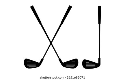 Three golf clubs shown in black and white on a plain background. Two clubs are crossed, another one is standing upright on right side.