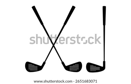 Three golf clubs shown in black and white on a plain background. Two clubs are crossed, another one is standing upright on right side.