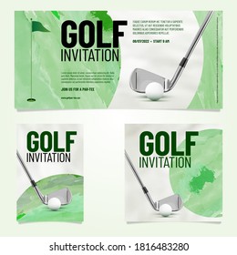 Three golf invitation watercolor template in different orientation with sample text in separate layer - vector illustration