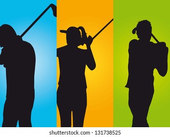 three golfers over colorful  background. vector illustration