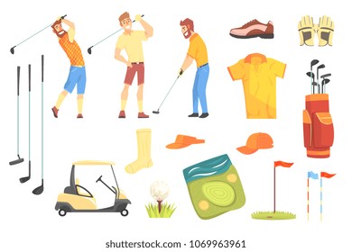 Three Golfers Playing Golf Surrounded By Sport Equipment And Game Attributes Cartoon Vector Illustration.