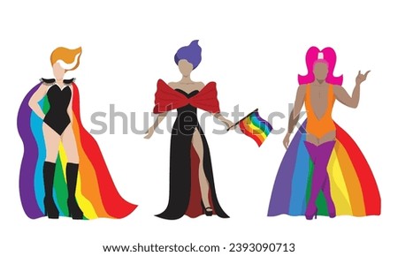 Three gorgeous drag queens with colorful rainbow cape for LGBTQ+ concept and for equality and diversity supporting. Vector illustration flat charactor on white background