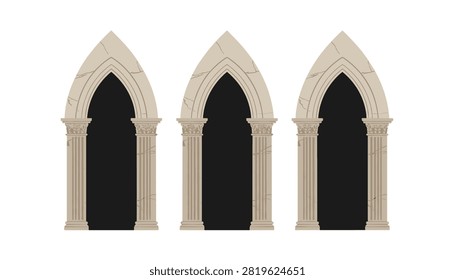 Three gothic style stone arches with intricate columns and ornate pillars stand side by side against a clean white backdrop.