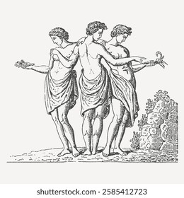 The Three Graces from Greek mythology depicted in a vintage engraving. A classic representation of beauty, harmony, and charm.

