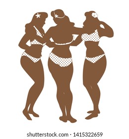 The Three Graces. Silhouettes of three pretty curvy girls in retro style swimsuit hugging each other, isolated on white background