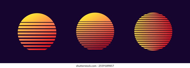 Three gradient circles with horizontal stripes, showcasing warm yellow and red tones.