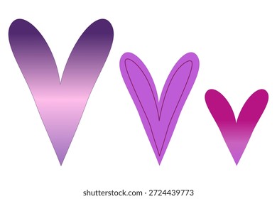 Tres Formas de corazón degradadas en tonos morados con formas alargadas, que expresan el romance moderno, la creatividad y la ilustración de amor con estilo.