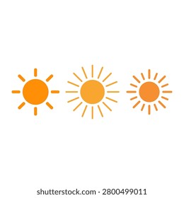Three gradient orange sun icons of varying sizes and ray styles illustrating concepts of sunshine, temperature, weather forecasting, and renewable energy in flat design