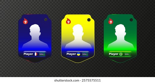 Three gradient soccer player cards with silhouettes, flames, online status, and national flags on a transparent background