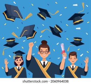 three graduates celebrating avatars characters