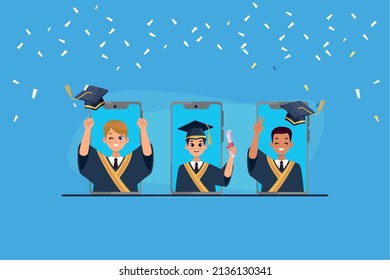 three graduates in smartphones characters