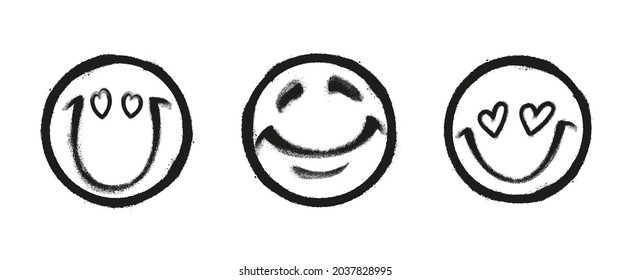 Three graffiti emoticons. Smiling face painted spray paint. Vector illustration on white background