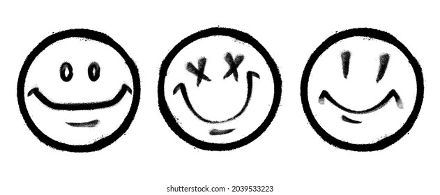 Three graffiti emoticons. Smiling face painted spray paint. Vector illustration on white background