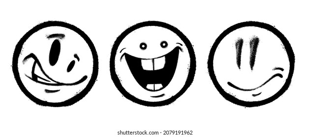 Three graffiti emoticons. Smiling face painted spray paint. Vector illustration on white background