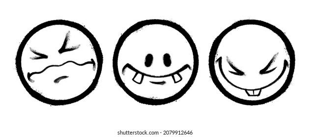 Drei Graffiti-Emoticons. Lächelnde gesichtsfarbene Spray-Farbe. Vektorgrafik auf weißem Hintergrund