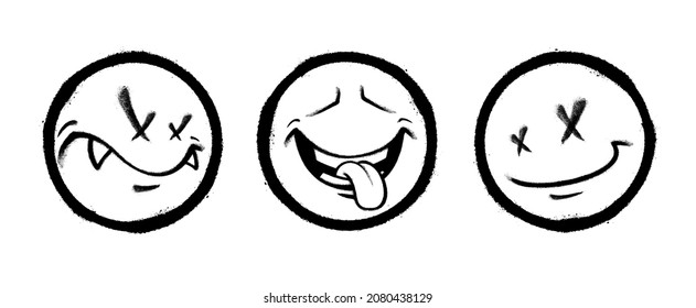 Three graffiti emoticons. Smiling face painted spray paint. Vector illustration on white background