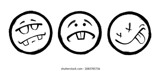 Three graffiti emoticons. Smiling face painted spray paint. Vector illustration on white background