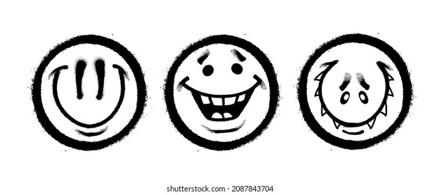 Three graffiti emoticons. Smiling face painted spray paint. Vector illustration on white background