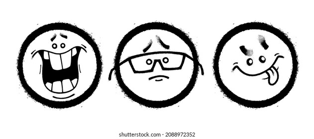 Three graffiti emoticons. Smiling face painted spray paint. Vector illustration on white background