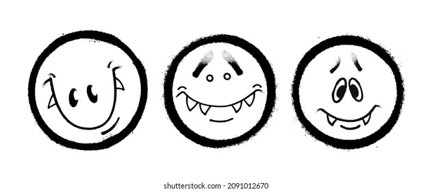 Three graffiti emoticons. Smiling face painted spray paint. Vector illustration on white background