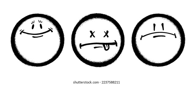 Three graffiti emoticons. Smiling face painted spray paint. Vector illustration on white background