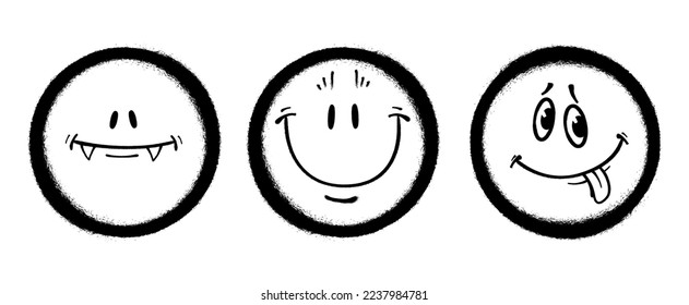 Three graffiti emoticons. Smiling face painted spray paint. Vector illustration on white background