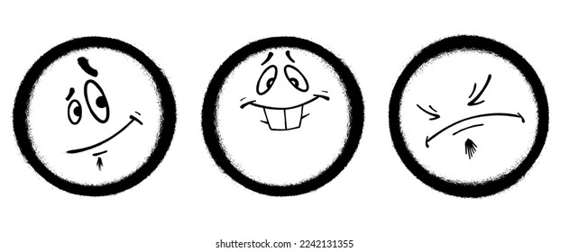 Tres emoticonos de graffiti. Pintura de pulverización con rostro sonriente. Ilustración del vector sobre fondo blanco