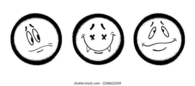 Three graffiti emoticons. Smiling face painted spray paint. Vector illustration on white background