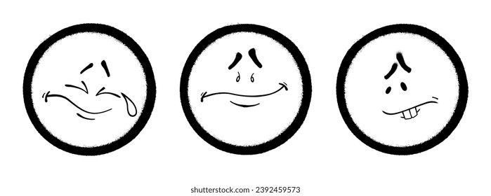 Three graffiti emoticons. Smiling face painted spray paint. Vector illustration on white background