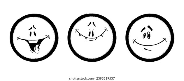 Three graffiti emoticons. Smiling face painted spray paint. Vector illustration on white background