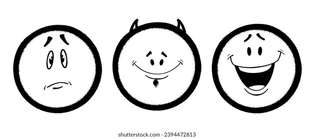 Three graffiti emoticons. Smiling face painted spray paint. Vector illustration on white background