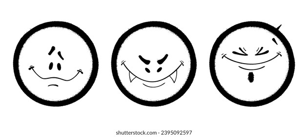 Tres emoticonos de graffiti. Pintura de pulverización con rostro sonriente. Ilustración del vector sobre fondo blanco