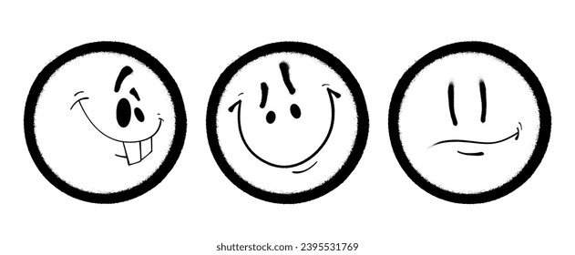 Tres emoticonos de graffiti. Pintura de pulverización con rostro sonriente. Ilustración del vector sobre fondo blanco