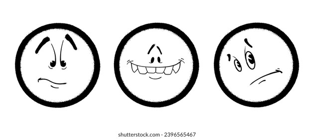 Three graffiti emoticons. Smiling face painted spray paint. Vector illustration on white background
