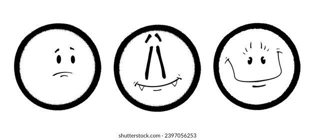 Three graffiti emoticons. Smiling face painted spray paint. Vector illustration on white background