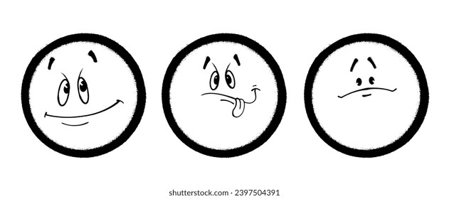 Three graffiti emoticons. Smiling face painted spray paint. Vector illustration on white background