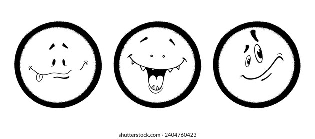 Three graffiti emoticons. Smiling face painted spray paint. Vector illustration on white background
